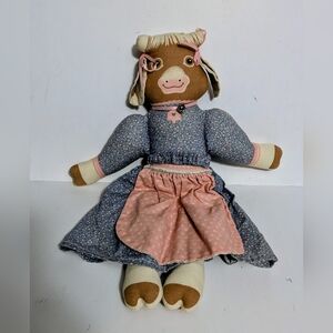 Doll Cow Handmade Plush Toy with Pink and Blue Dress Vintage